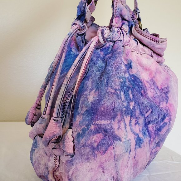 Leather tie dyed Lucky Brand Boho bucket Purse Hobo Bag pink purple blue painted - Picture 3 of 6